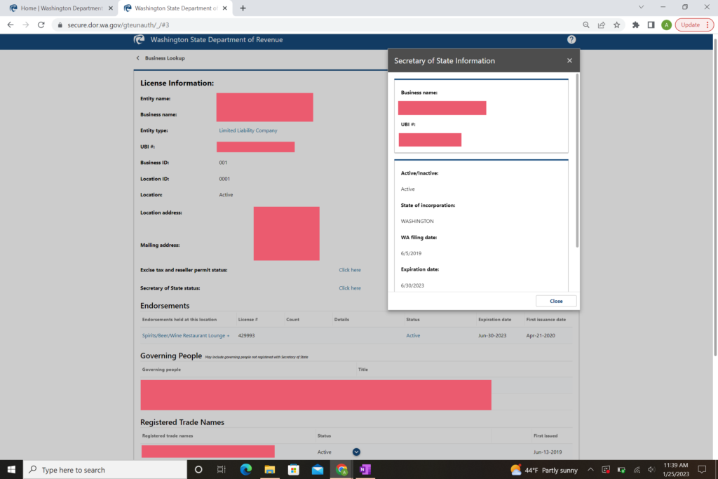 Example of business info on the DOR website to submit for UEI validation.